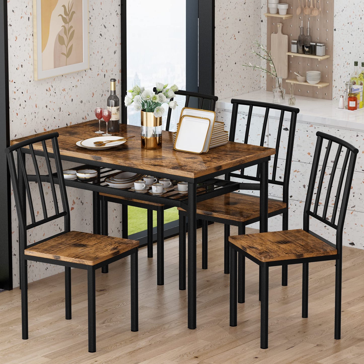 DKLGG 5-Piece Rustic Brown Dining Room Set for 4 – Table with Wine Rack