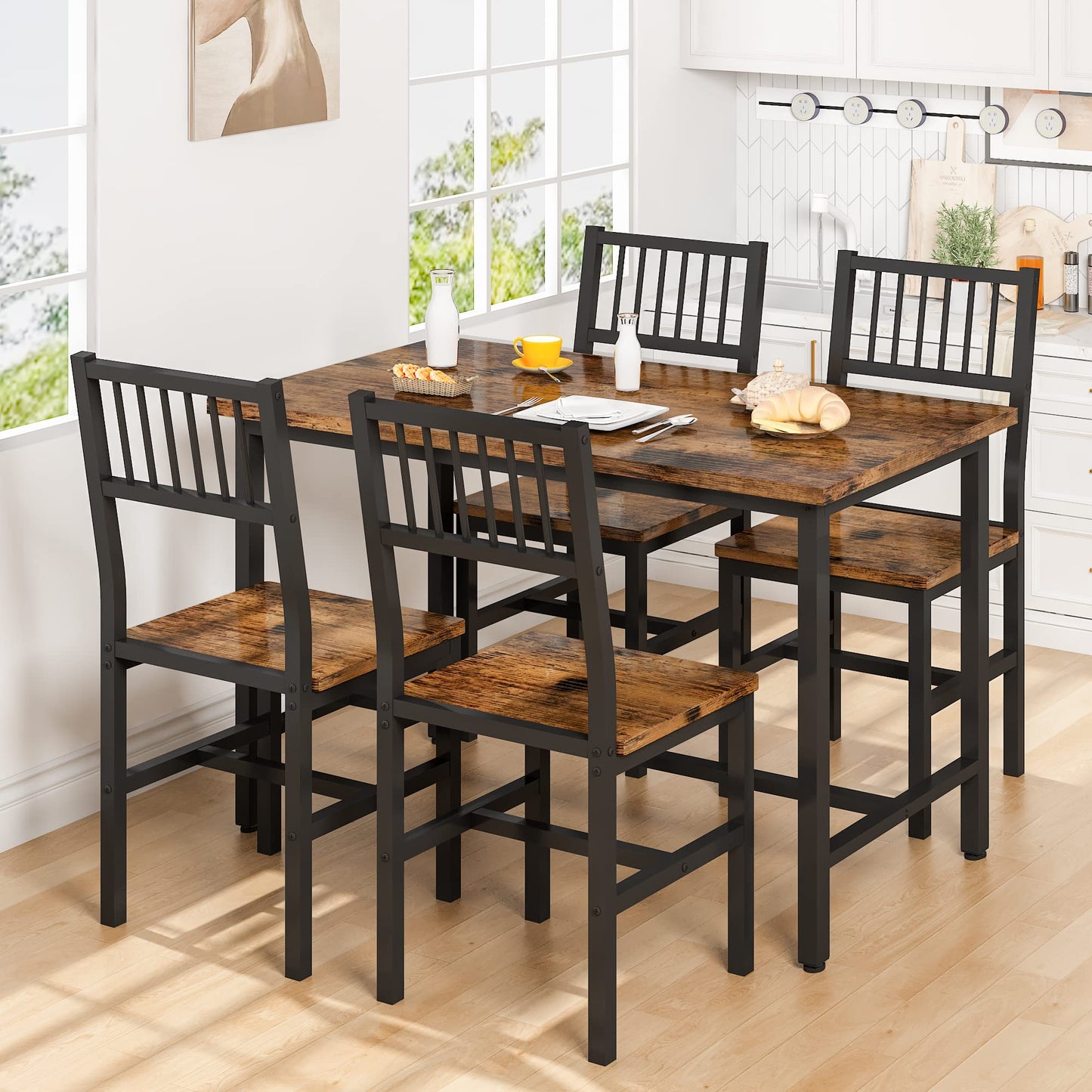 DKLGG 4-Piece Dining Table Set for 4 - Rustic Brown Table with Built-In Storage Shelves