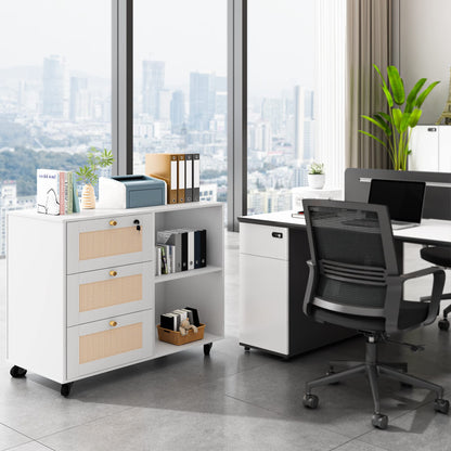 DKLGG White File Cabinet with Drawers and Locks, Wooden Printer Shelf with Locker, Rattan Office Locker