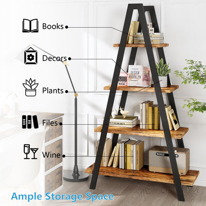 DKLGG 4-Shelf Bookcase, A-Shelf, Industrial Ladder Shelf, Open Storage Cabinet for Home Office