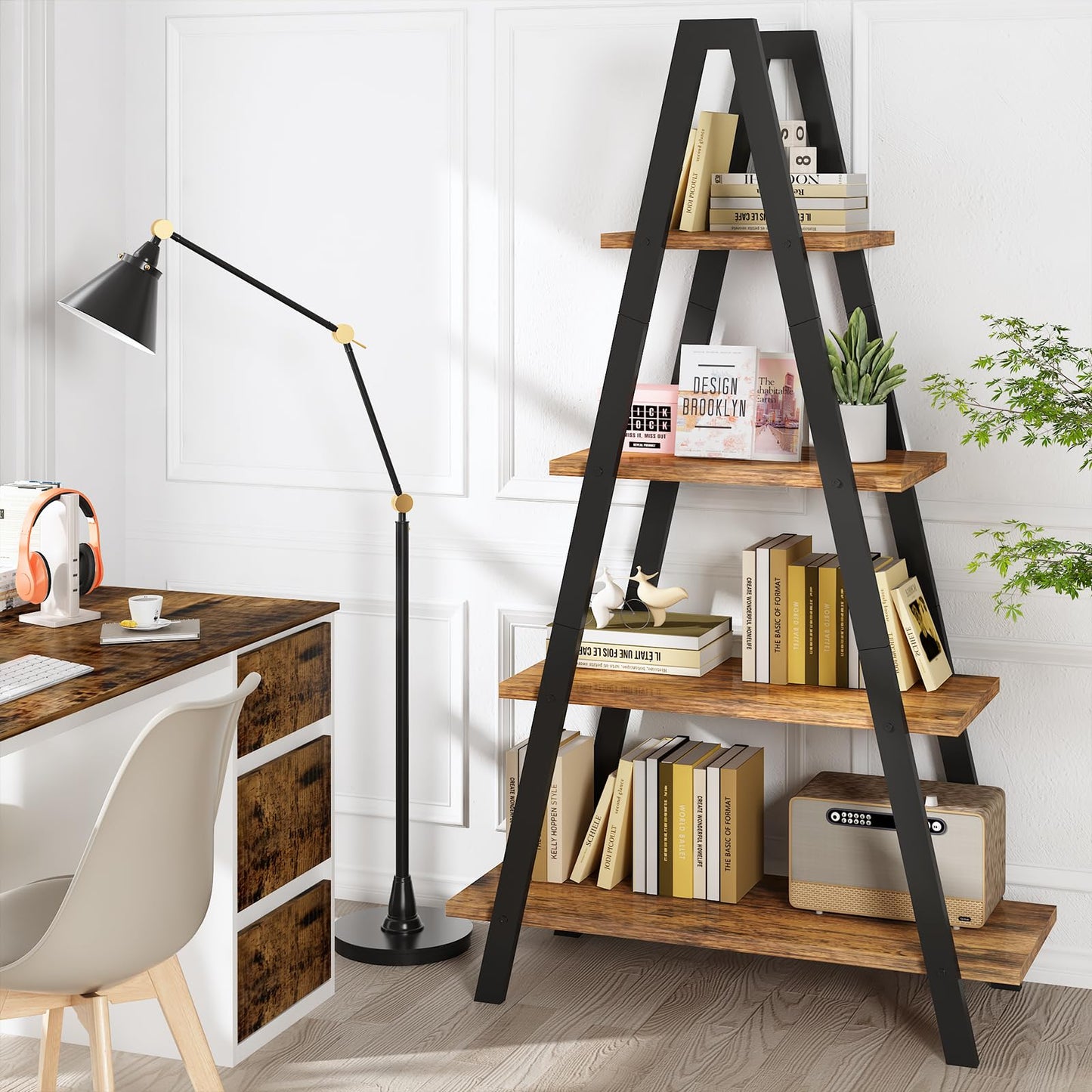 DKLGG 4-Shelf Bookcase, A-Shelf, Industrial Ladder Shelf, Open Storage Cabinet for Home Office