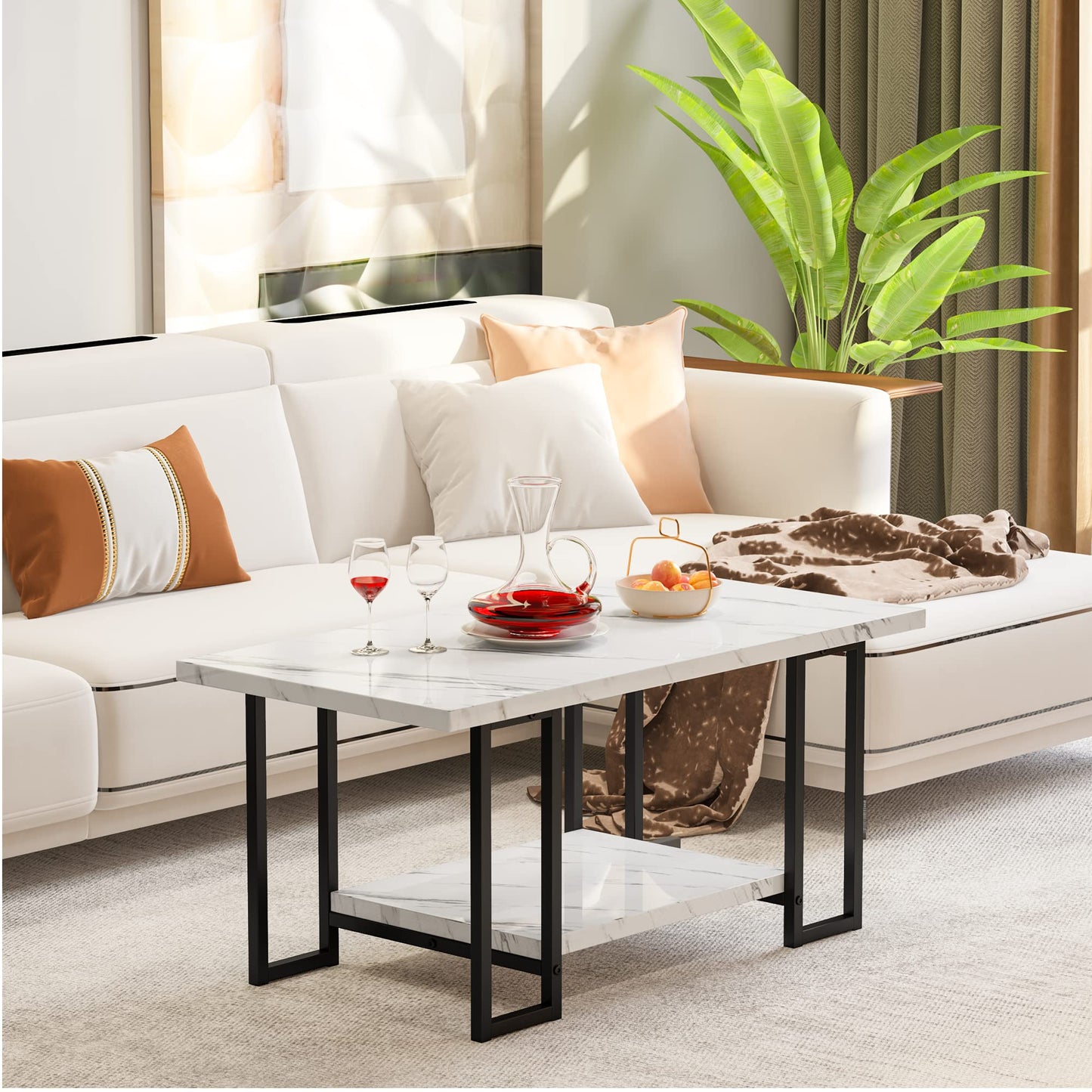 DKLGG Coffee Table - Black Base with Rectangular Marble Top for Modern Elegance