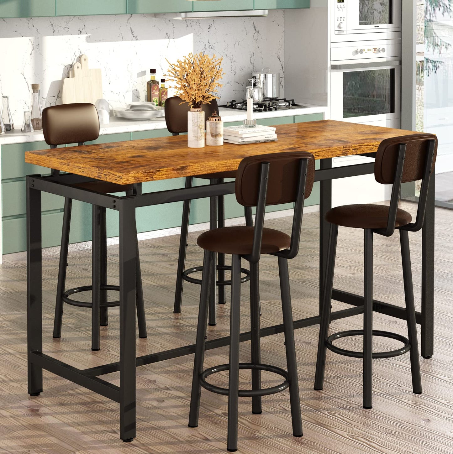 DKLGG 4-Person Wooden Barstool Dining Table and Chair Set of 5, Rustic Brown - Classic Elegance