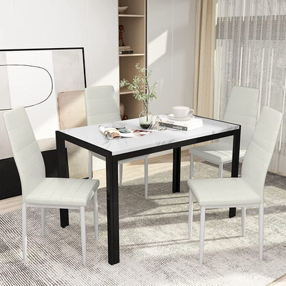 DKLGG Stylish 5-Piece Dining Table with 4 PU Leather Chairs – Faux Marble Finish