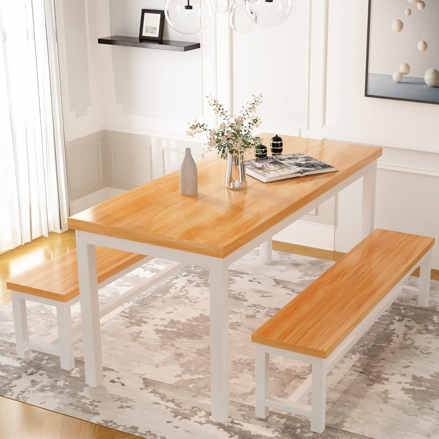DKLGG Elegant Beige Dining Set - Spacious Kitchen Table with Two Benches for Cozy Family Dining