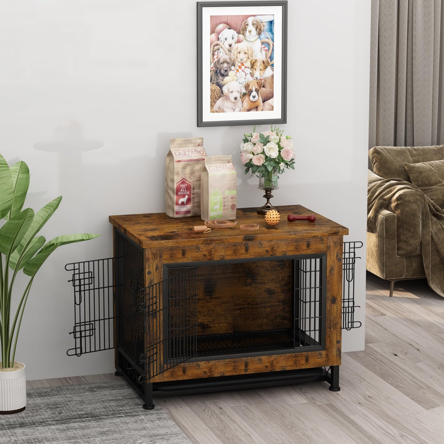 DKLGG Wooden Dog Crate End Table with Removable Tray – Pet-Friendly Furniture in Brown