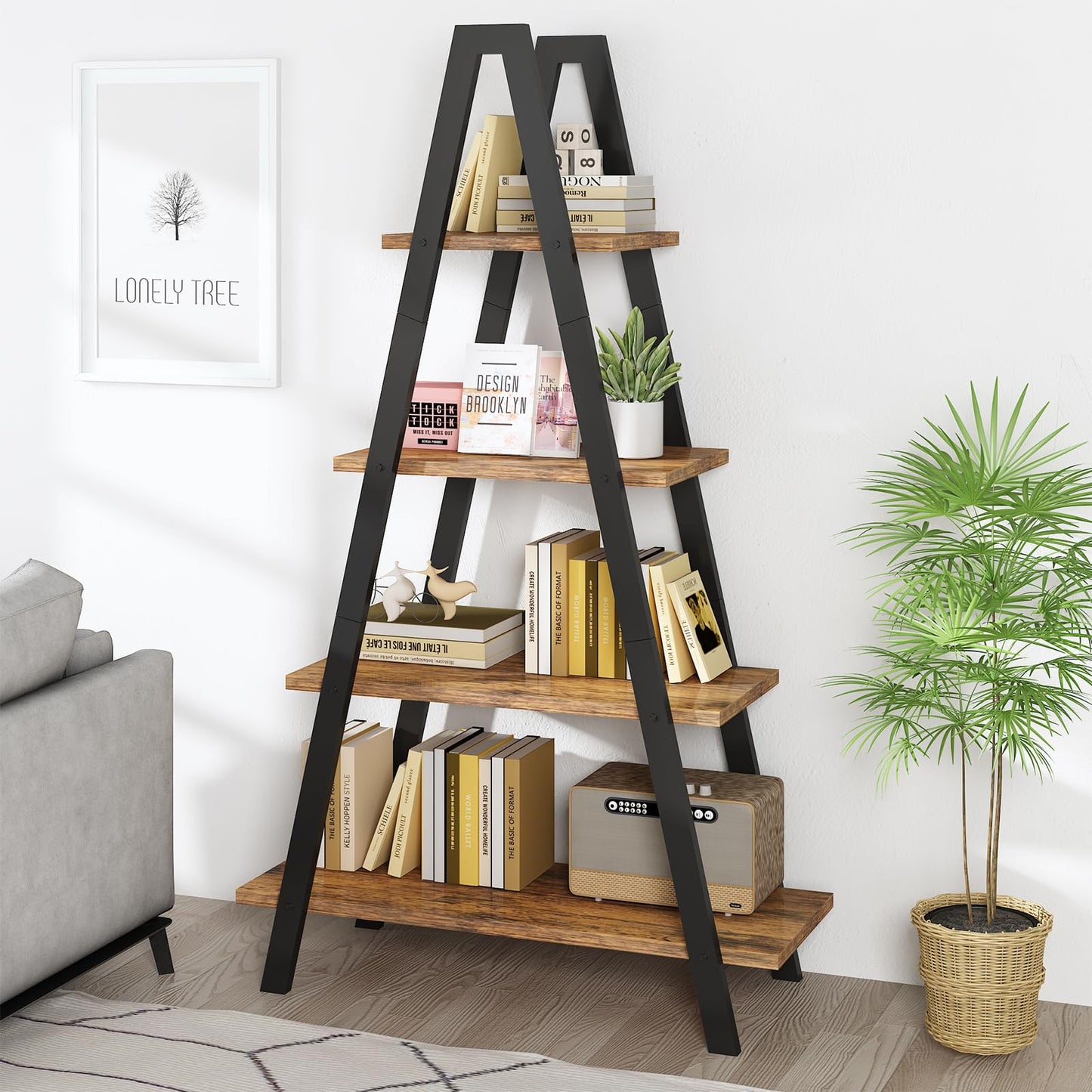 DKLGG 4-Shelf Bookcase, A-Shelf, Industrial Ladder Shelf, Open Storage Cabinet for Home Office