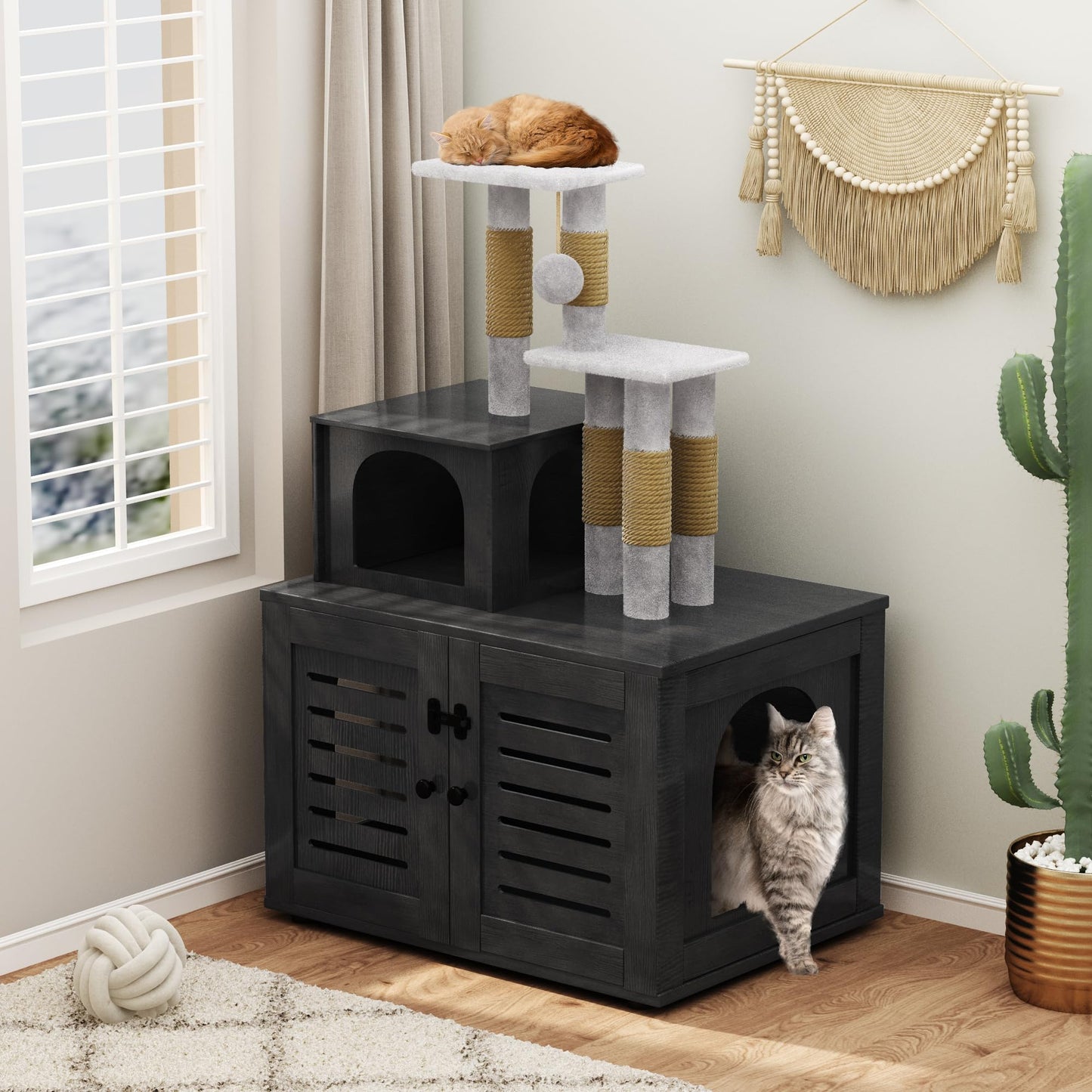 DKLGG Soft Perch Large Wooden Cat House with Litter Pan - Cozy Retreat for Your Feline Friend