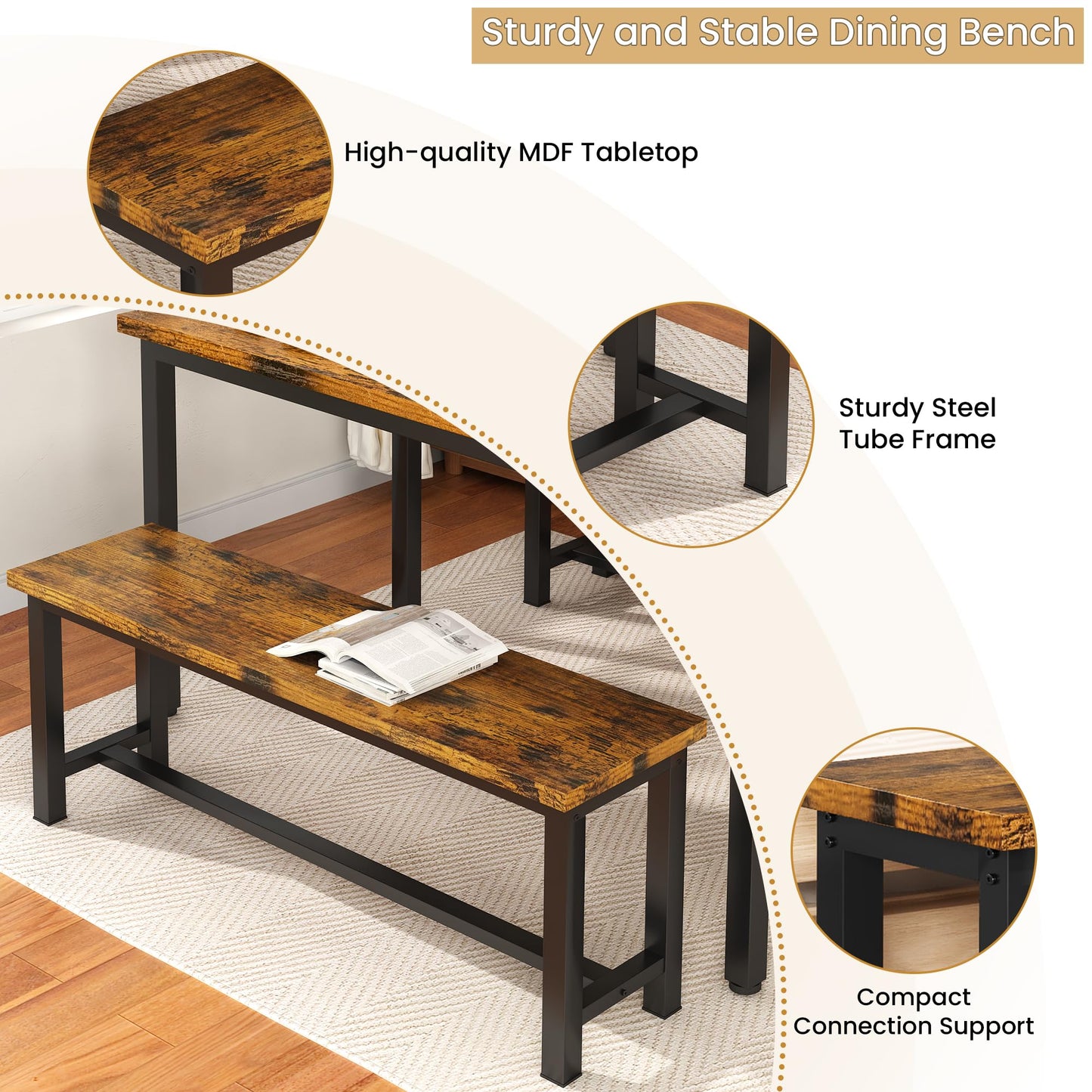 DKLGG Industrial Dining Room Bench Set of 2 - Rustic Brown for Charming Dining Spaces