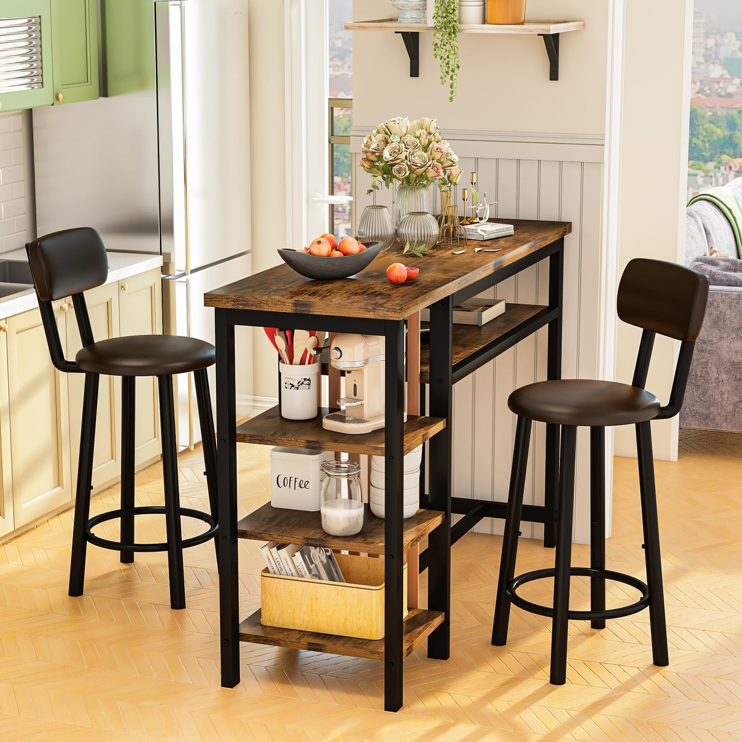 DKLGG High Top Dining Set - Bar Table with Upholstered Stools and Practical Storage Shelves for Easy Living