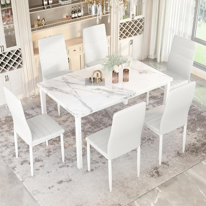 DKLGG Elegant 7-Piece Faux Marble Dining Set - Space-Saving Solution for Living Rooms and Apartments