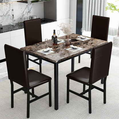 DKLGG Stylish 5-Piece Dining Set for 4 – Faux Marble Table and Rich Brown Chairs