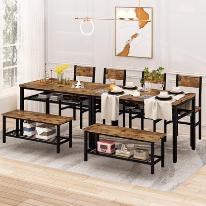 DKLGG 4-Piece Dining Table Set for 4 - Rustic Brown Table with Built-In Storage Shelves