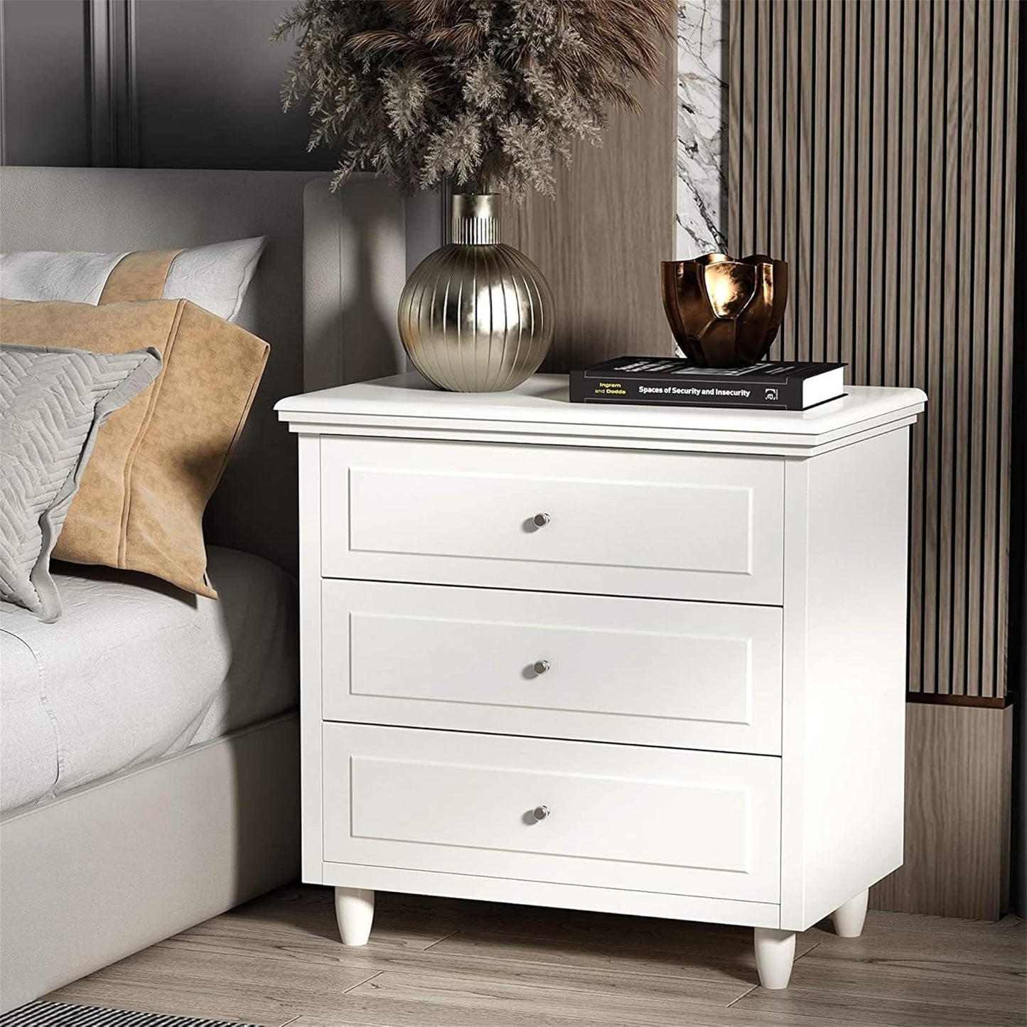 DKLGG White 3-Drawer Nightstand – Stylish Bedroom End Table with Storage