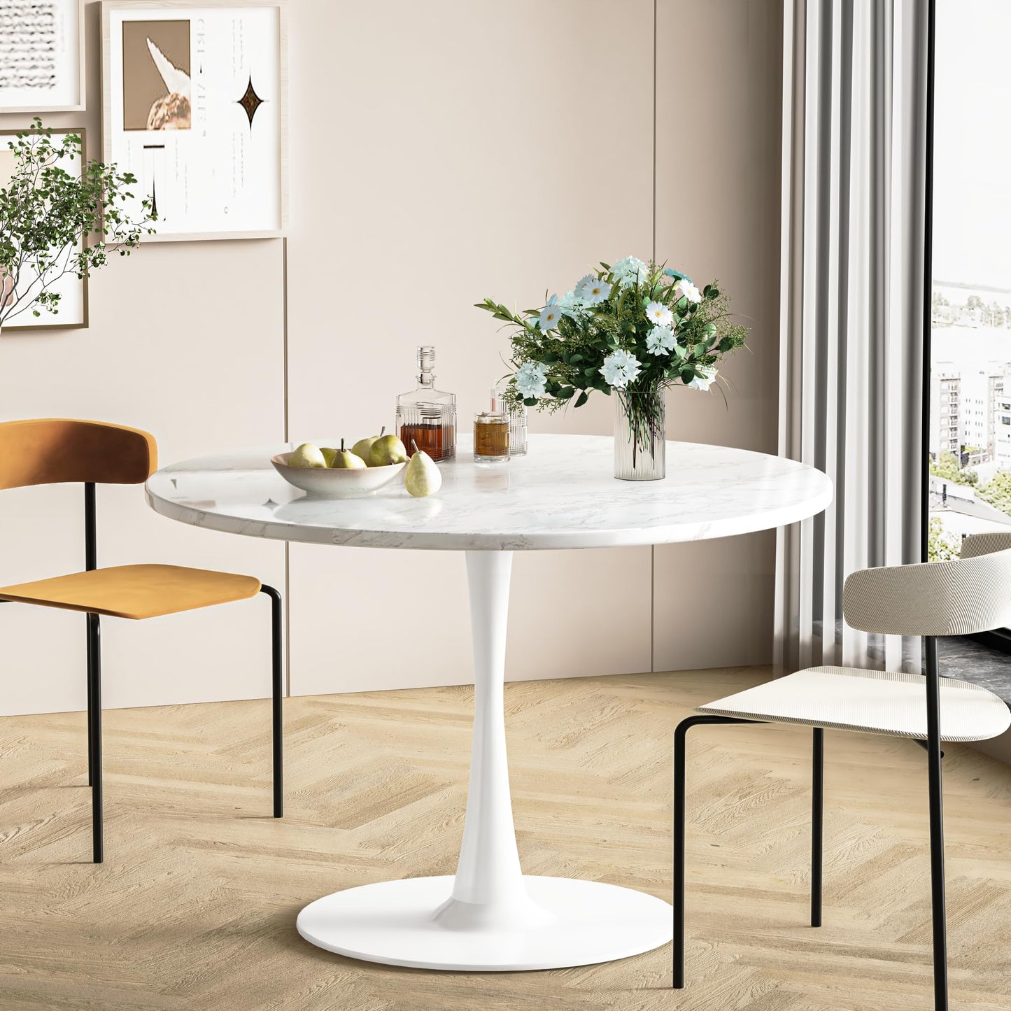 DKLGG Modern Round Dining Table - Stunning White Marble Design for Your Dining Room