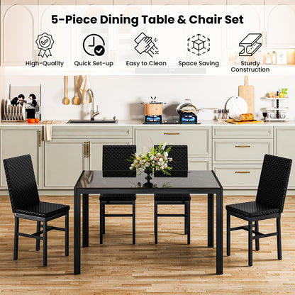 DKLGG 5-Piece Glass Kitchen Table Set, 4 PU Leather Chairs, Black - Modern and Stylish