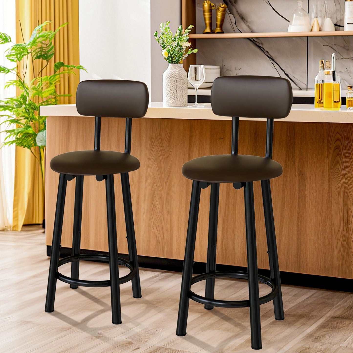 DKLGG Set of 4 PU Leather Bar Stools - High Chairs with Backrest in Elegant Gold Design