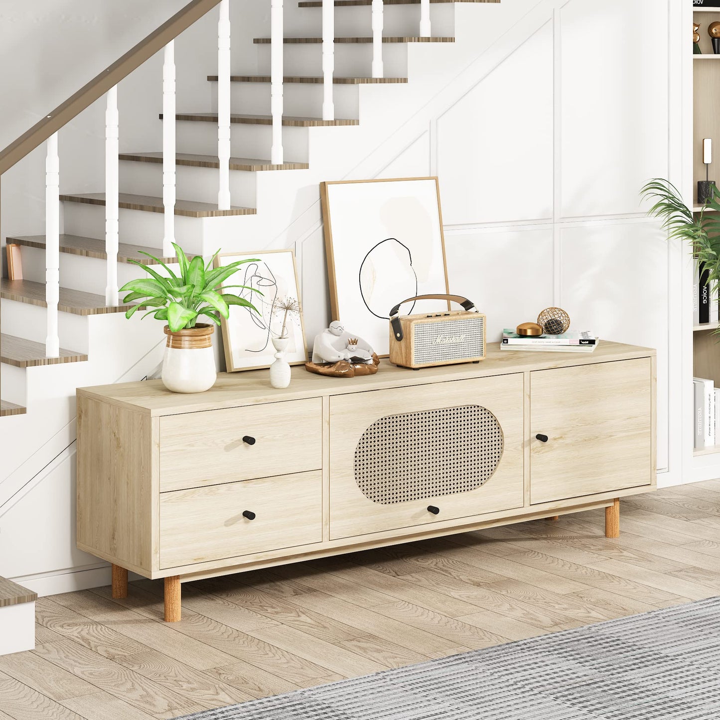 DKLGG Bohemian TV Stand with Rattan Doors - Oak Media Console with Storage and 2 Drawers