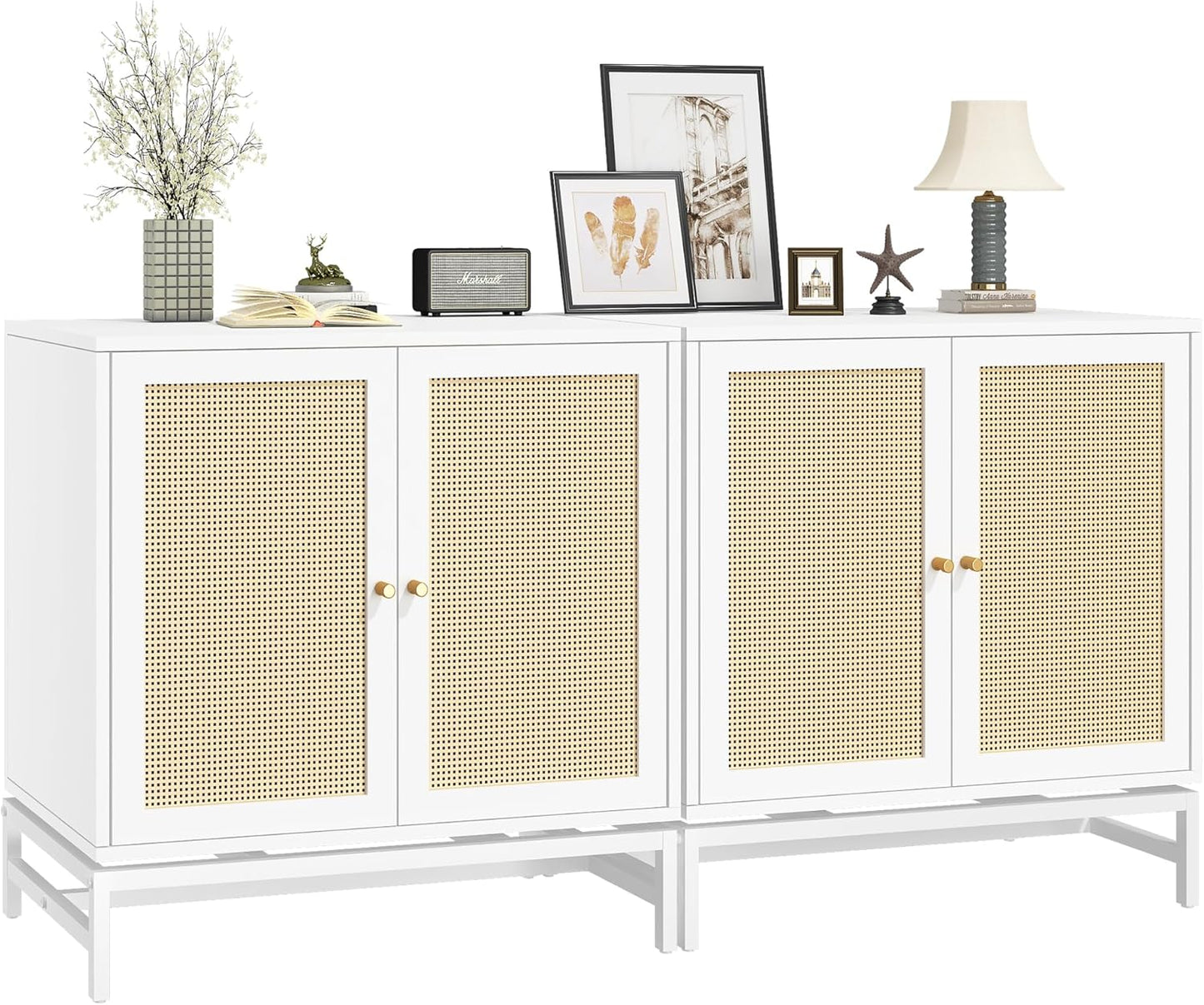 DKLGG White Wicker Cabinet Set of 2 – Stylish Sideboard with Doors and Adjustable Shelves