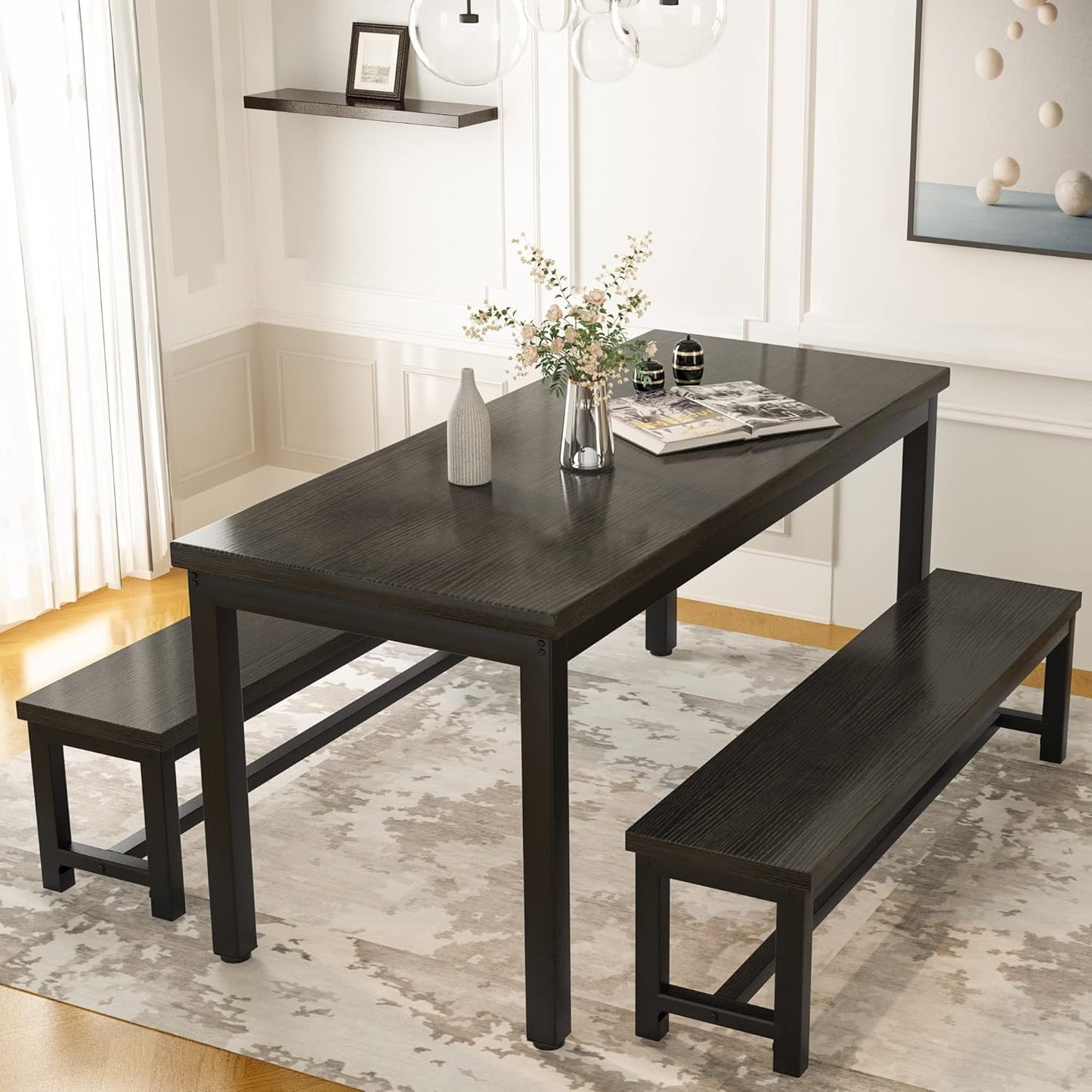 DKLGG Elegant Beige Dining Set - Spacious Kitchen Table with Two Benches for Cozy Family Dining