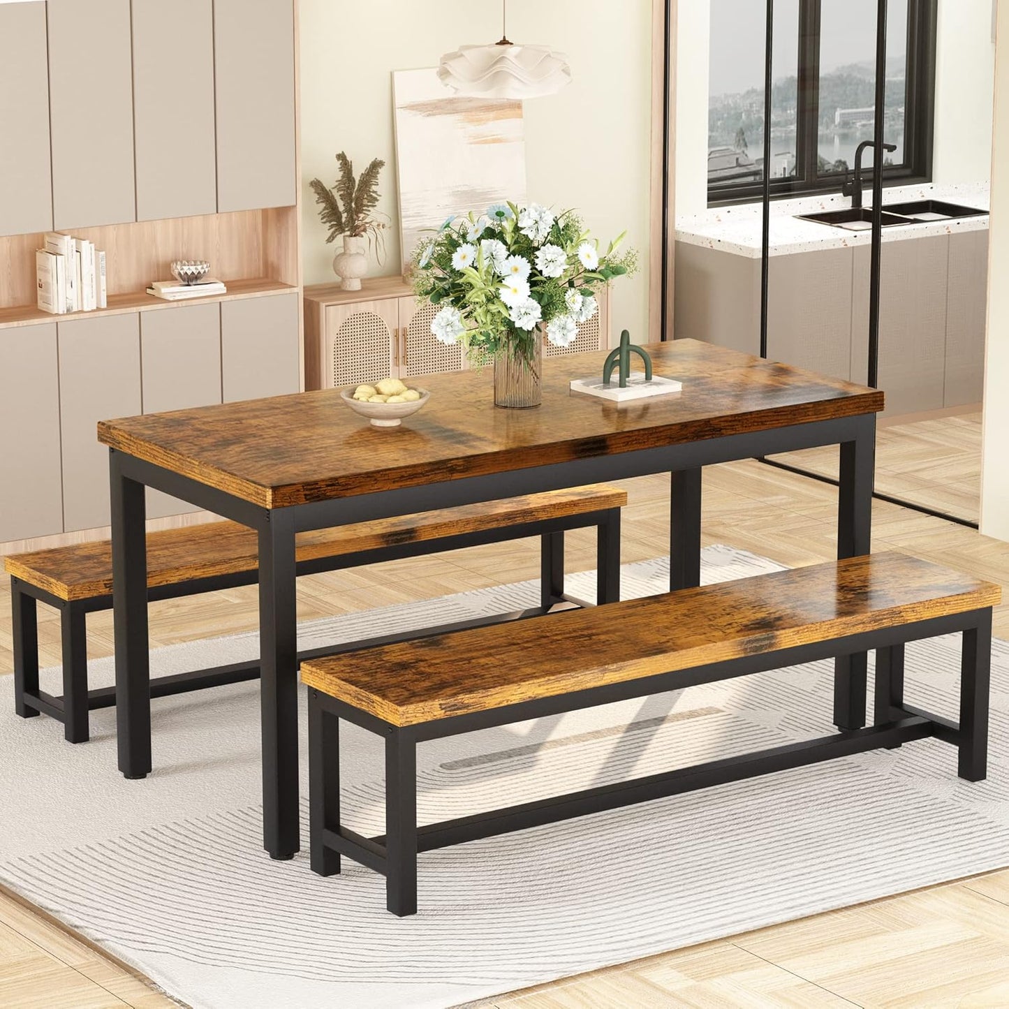 DKLGG Elegant Beige Dining Set - Spacious Kitchen Table with Two Benches for Cozy Family Dining