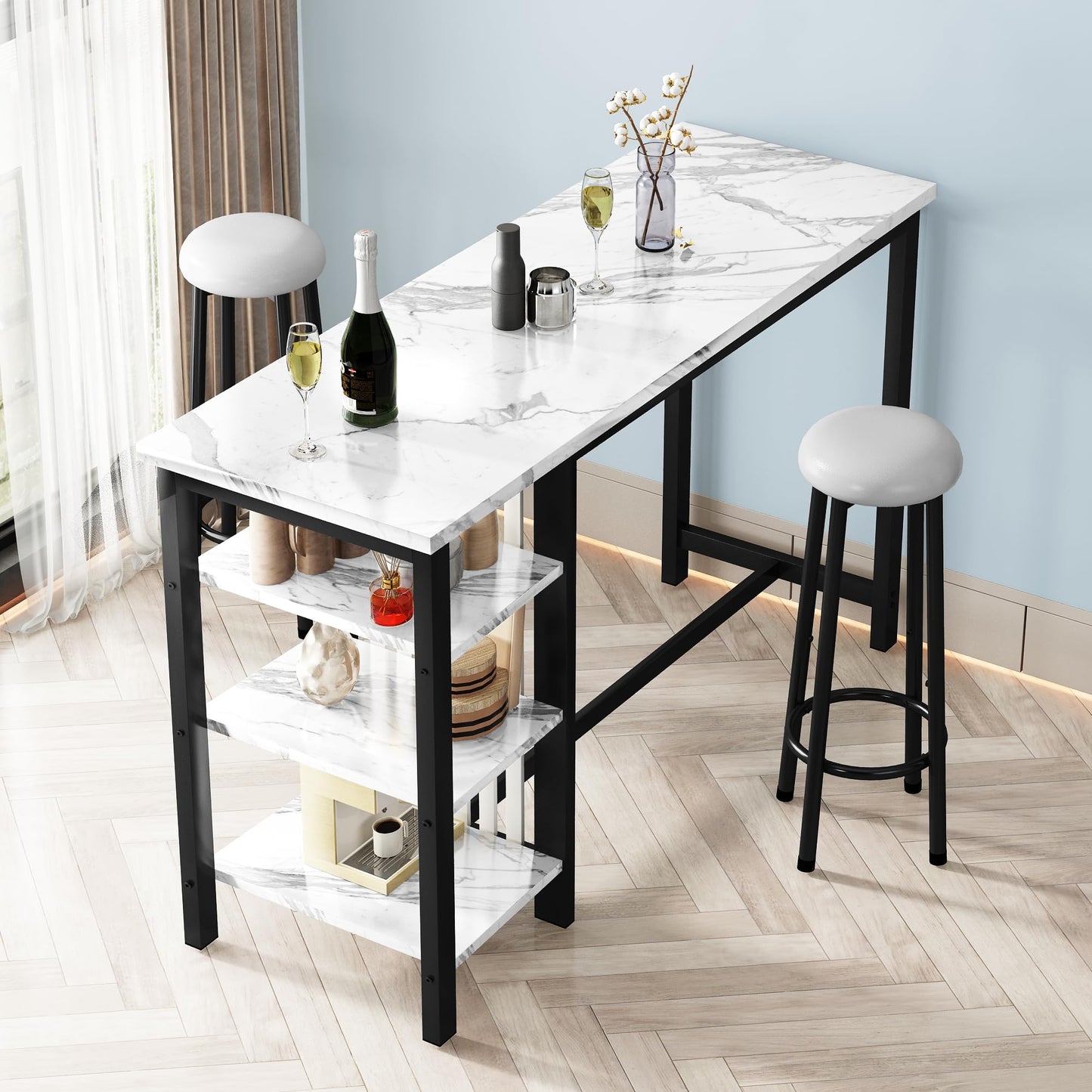 DKLGG 4-Piece Faux Marble Dining Set - Ideal for 3-6 People with Convenient Folding Table Leaf