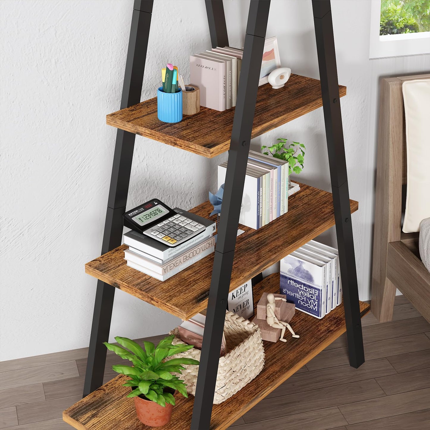 DKLGG 4-Shelf Bookcase, A-Shelf, Industrial Ladder Shelf, Open Storage Cabinet for Home Office