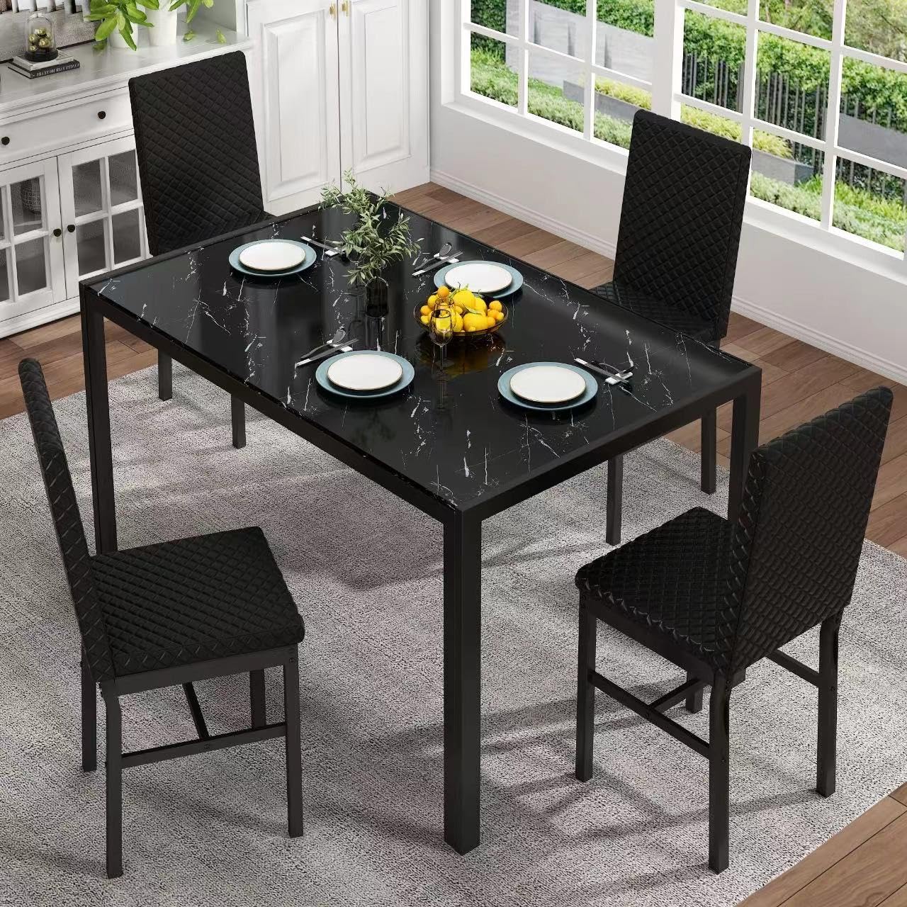 DKLGG 5-Piece Glass Kitchen Table Set, 4 PU Leather Chairs, Black - Modern and Stylish