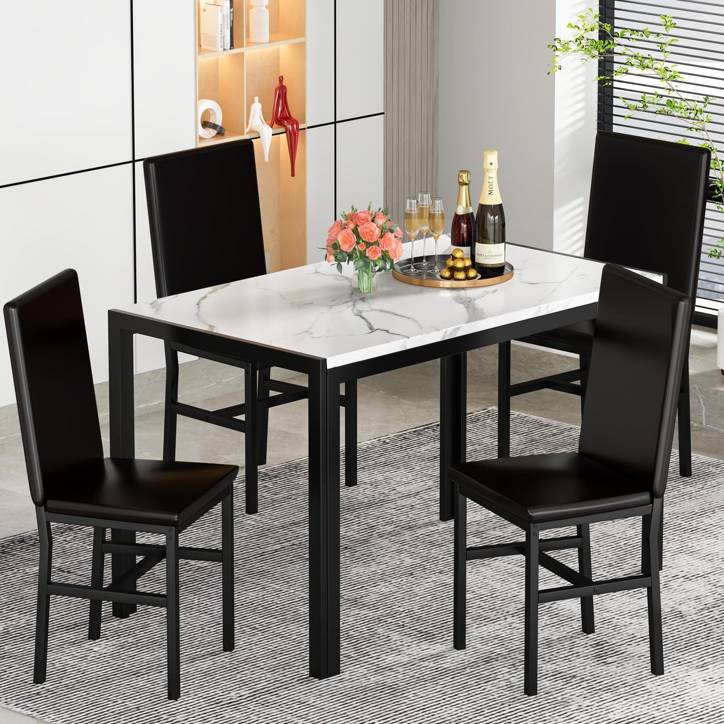 DKLGG 5-Piece Faux Marble Dining Table Set for 4, Space-Saving Design