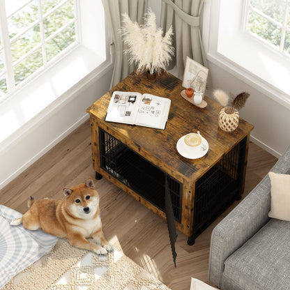 DKLGG Wooden Dog Crate End Table with Removable Tray – Pet-Friendly Furniture in Brown