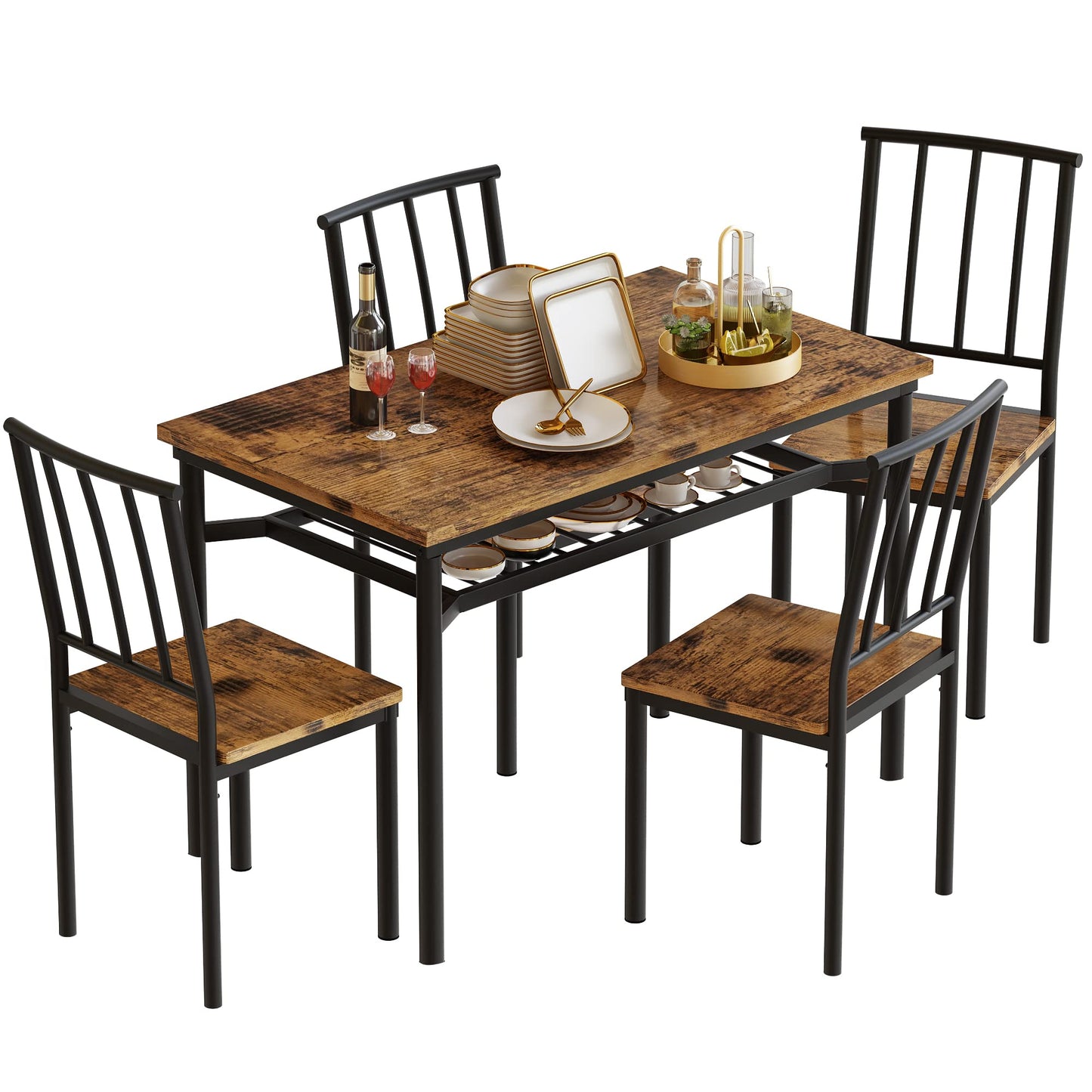 DKLGG 5-Piece Rustic Brown Dining Room Set for 4 – Table with Wine Rack