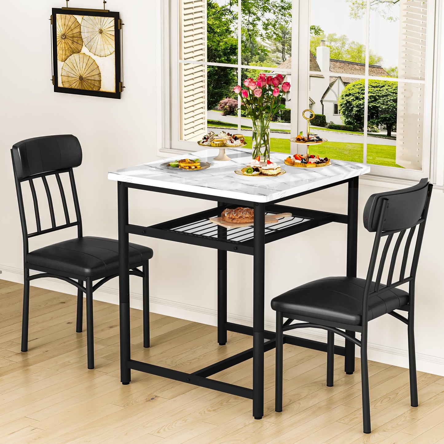 DKLGG 3-Piece Wooden Dining Table Set for Small Spaces, Compact Kitchen Table & Chairs