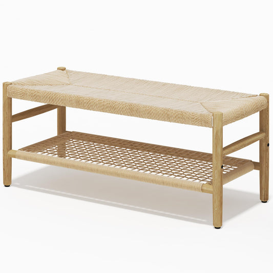 DKLGG Functional Indoor Entryway Bench - Paper Cord Seat and Grid Shelf for Stylish Organization