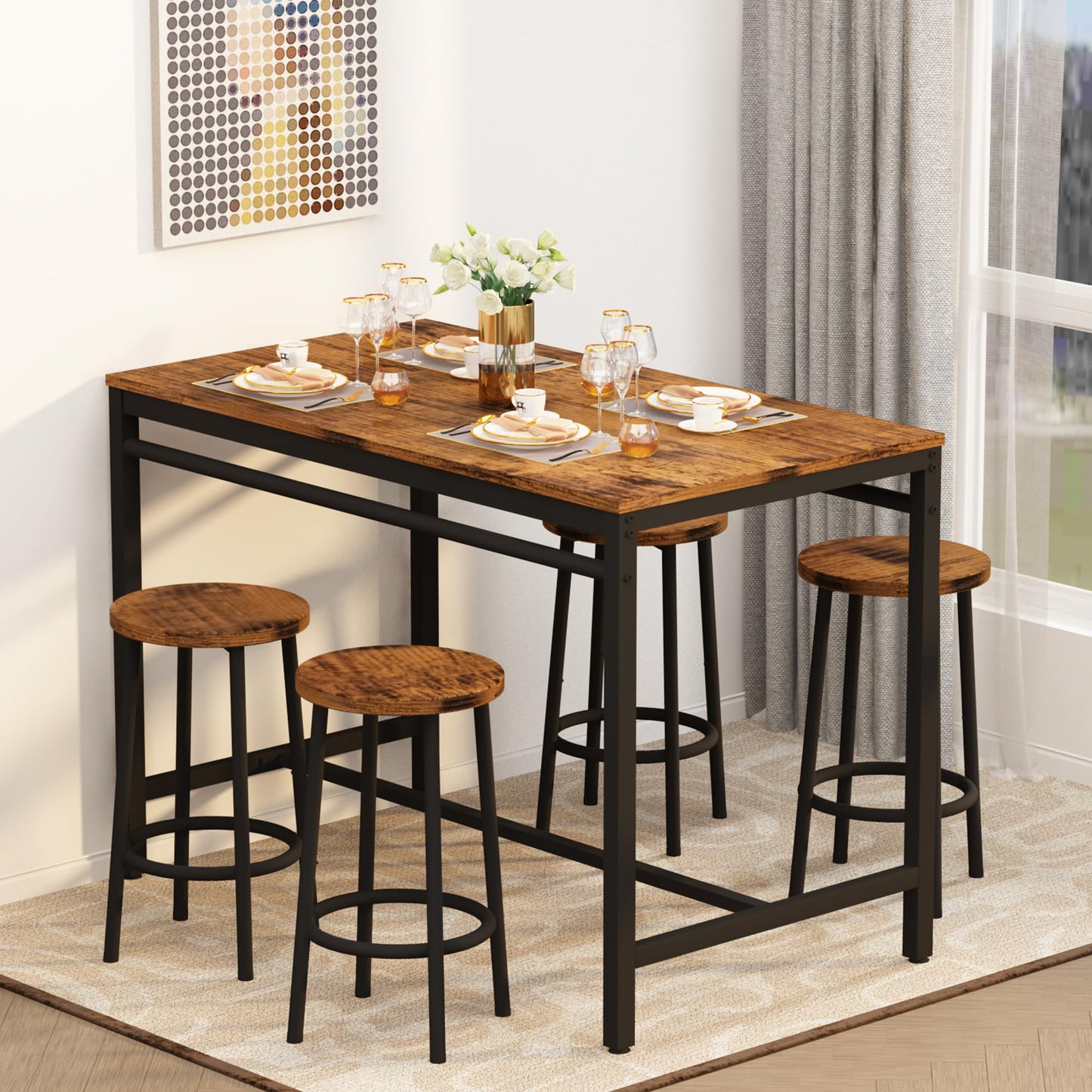 DKLGG 4-Person Bar Dining Set, 47-Inch, Black - Modern Home Dining Option