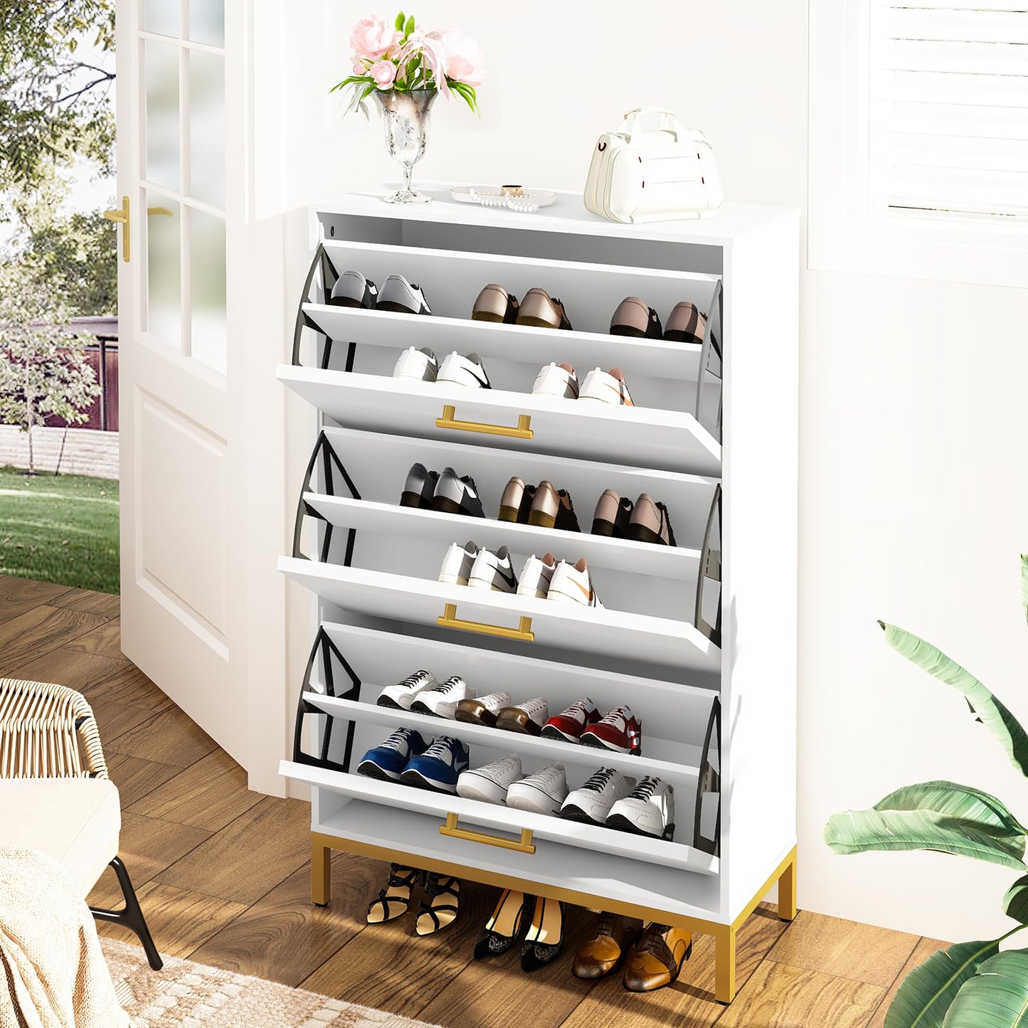 DKLGG Free Standing Shoe Organizer - Natural Finish with 3 Rattan Flip-Up Drawers