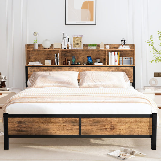 DKLGG Modern Queen Size Bed Frame - Walnut Finish with Functional Storage Headboard and Charging Station