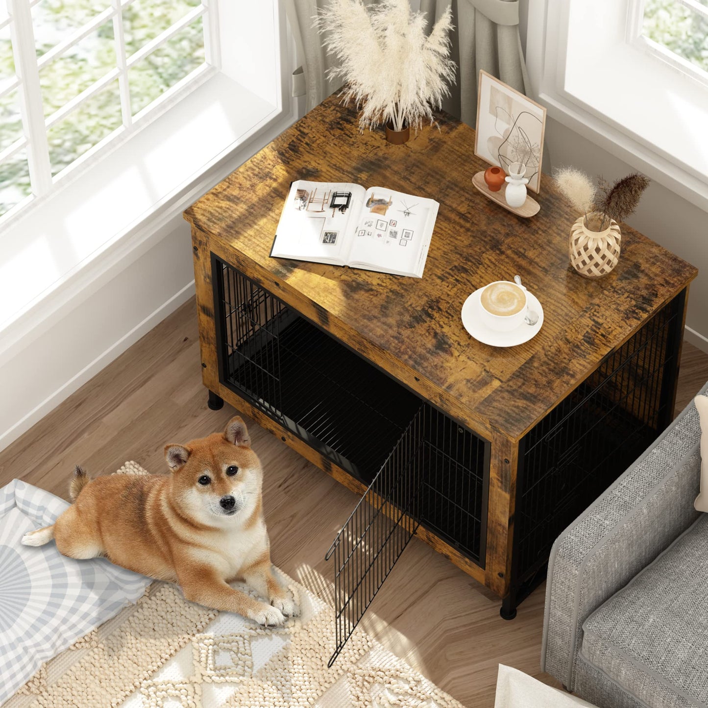 DKLGG Wooden Dog Crate End Table with Removable Tray – Pet-Friendly Furniture in Brown