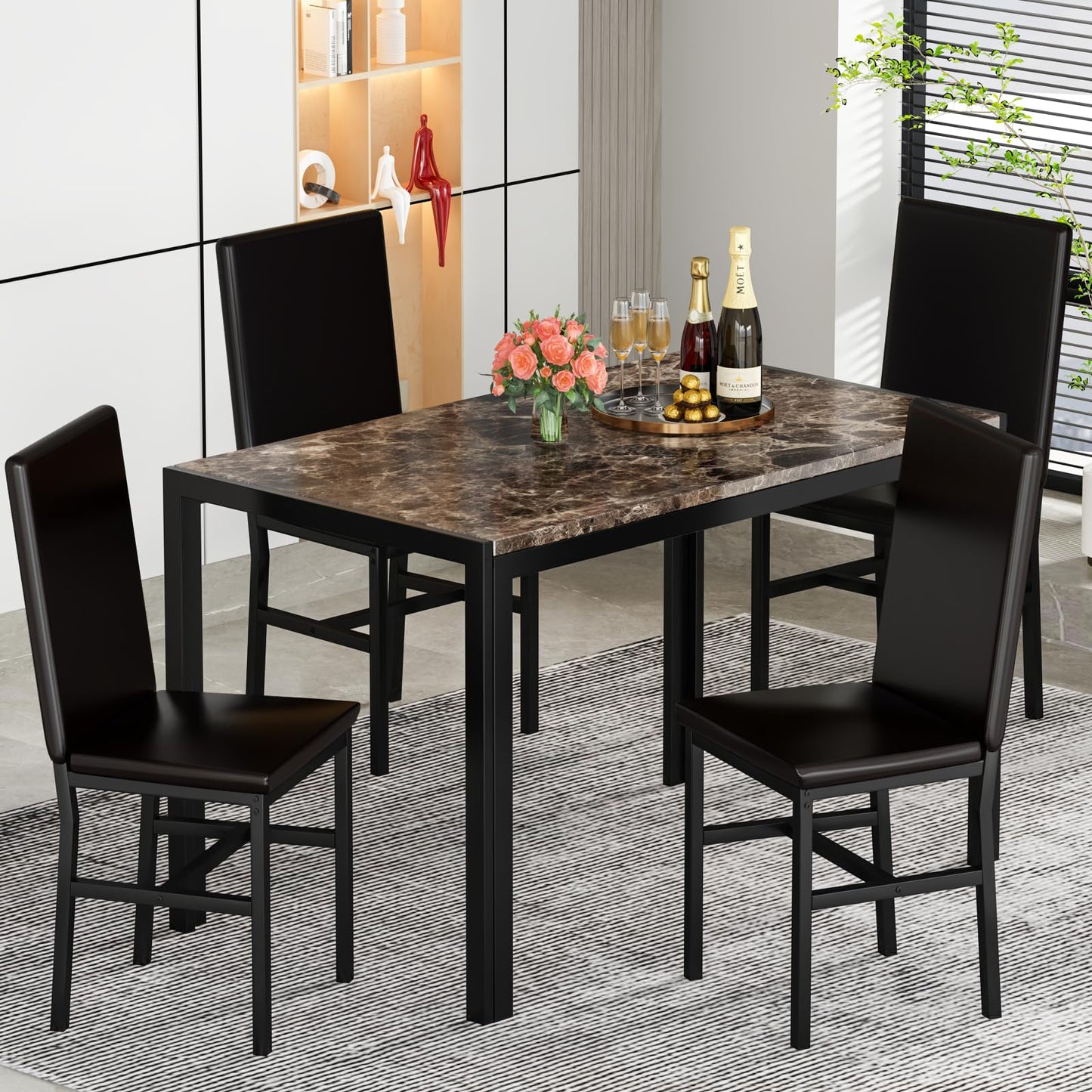 DKLGG 5-Piece Faux Marble Dining Table Set for 4, Space-Saving Design