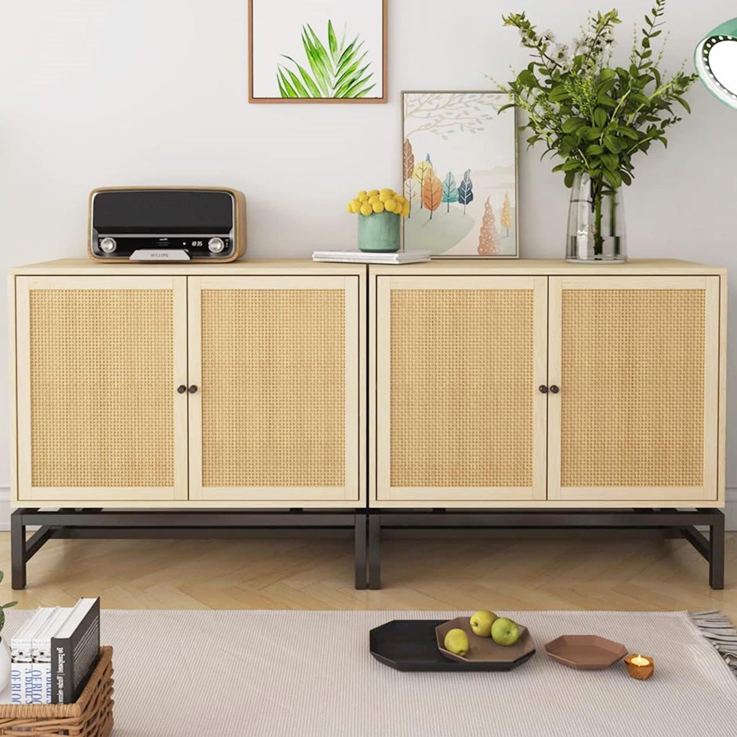 DKLGG Elegant Sideboard with Double Doors - Natural Rattan for a Cozy Kitchen Look