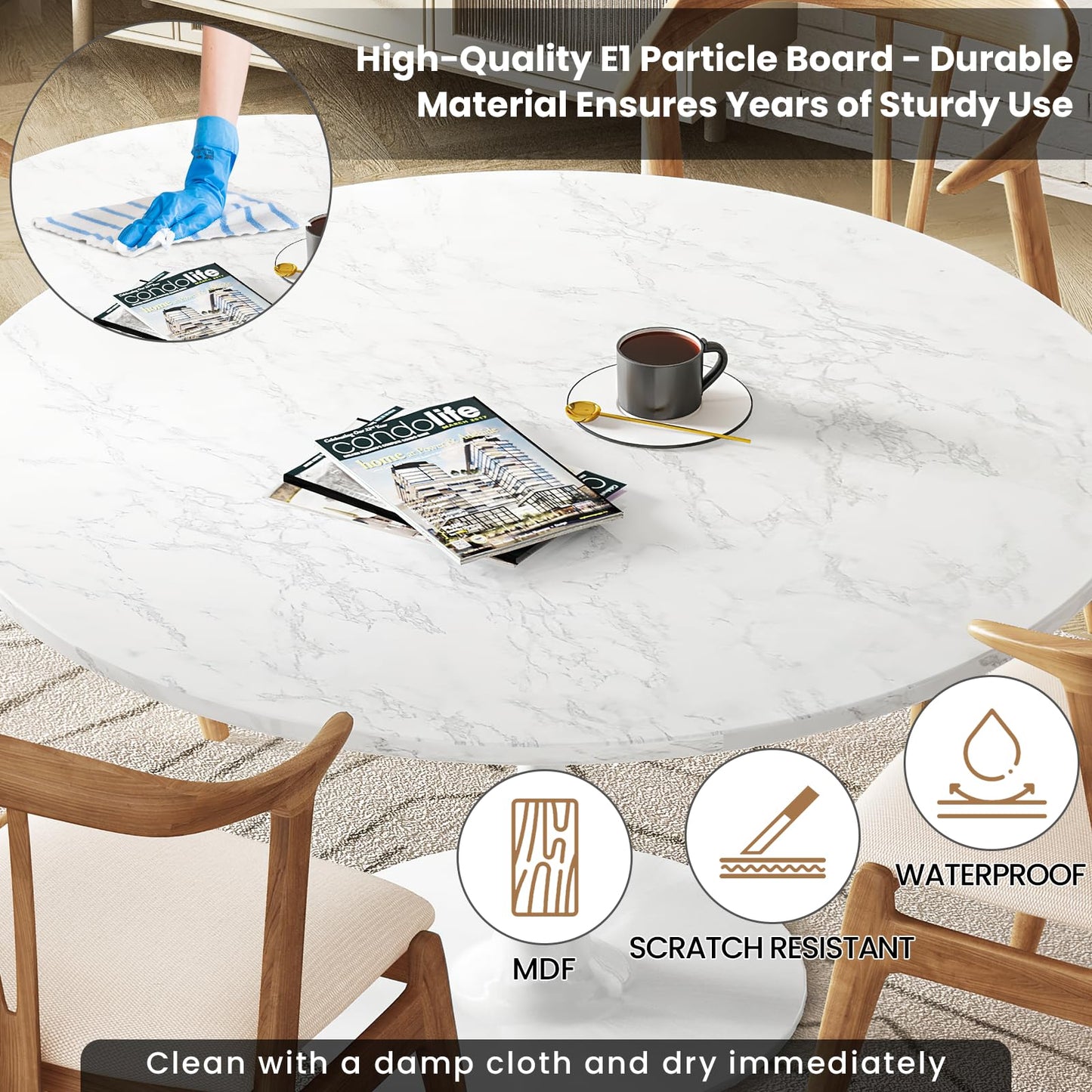 DKLGG Modern Round Dining Table - Stunning White Marble Design for Your Dining Room