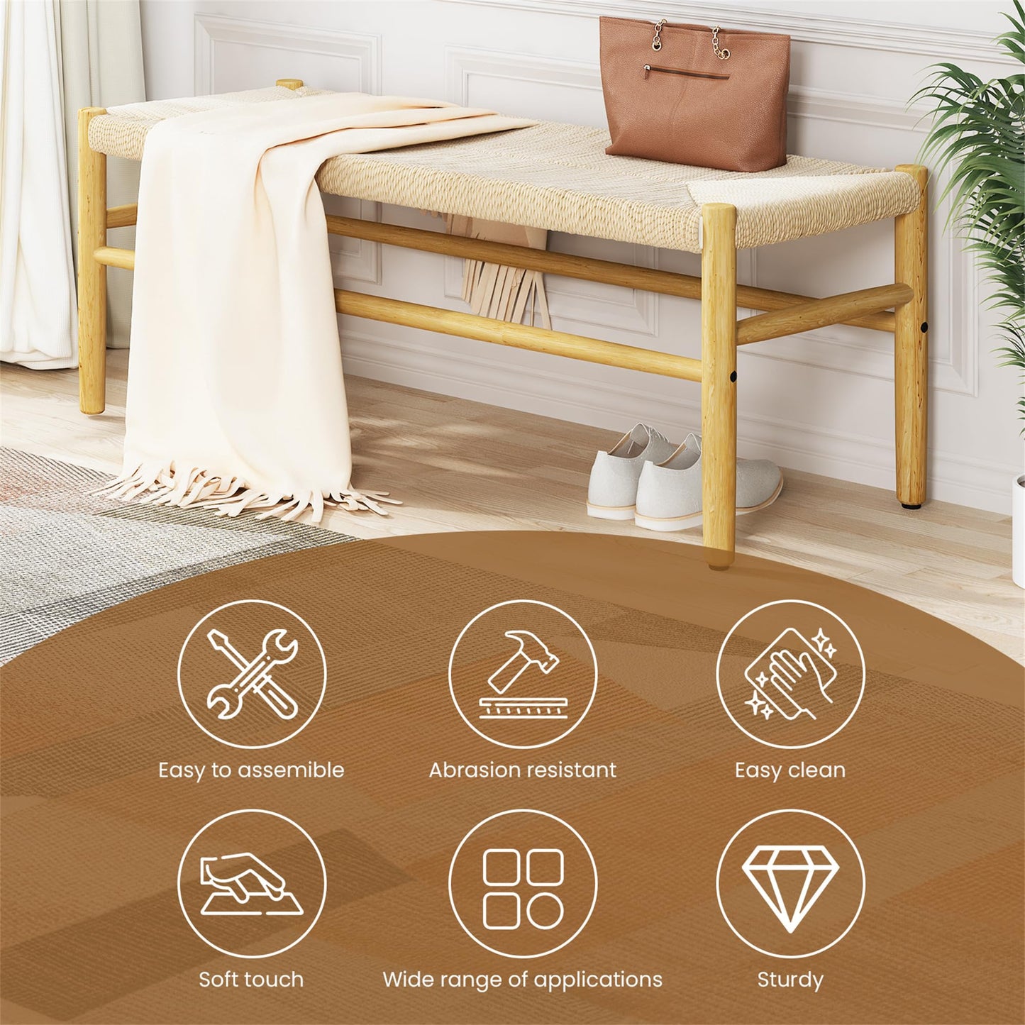 DKLGG Functional Indoor Entryway Bench - Paper Cord Seat and Grid Shelf for Stylish Organization