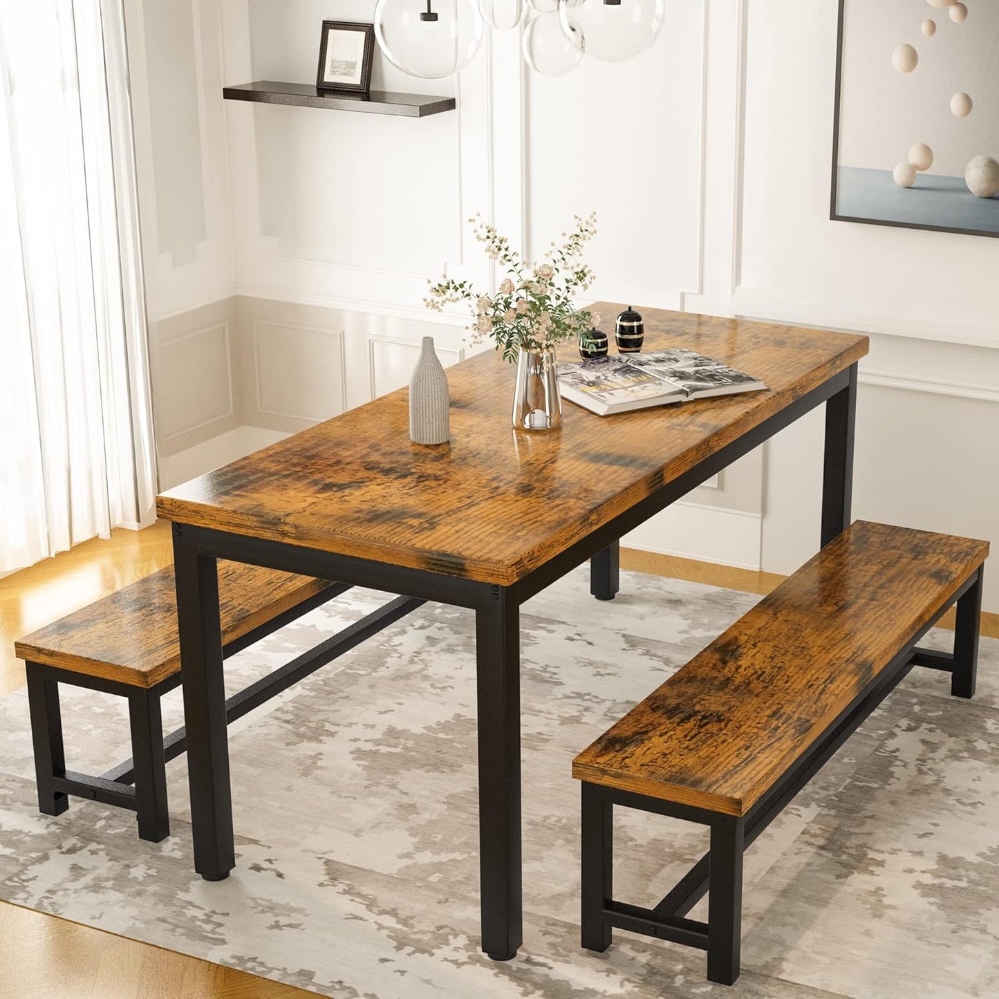 DKLGG Elegant Beige Dining Set - Spacious Kitchen Table with Two Benches for Cozy Family Dining