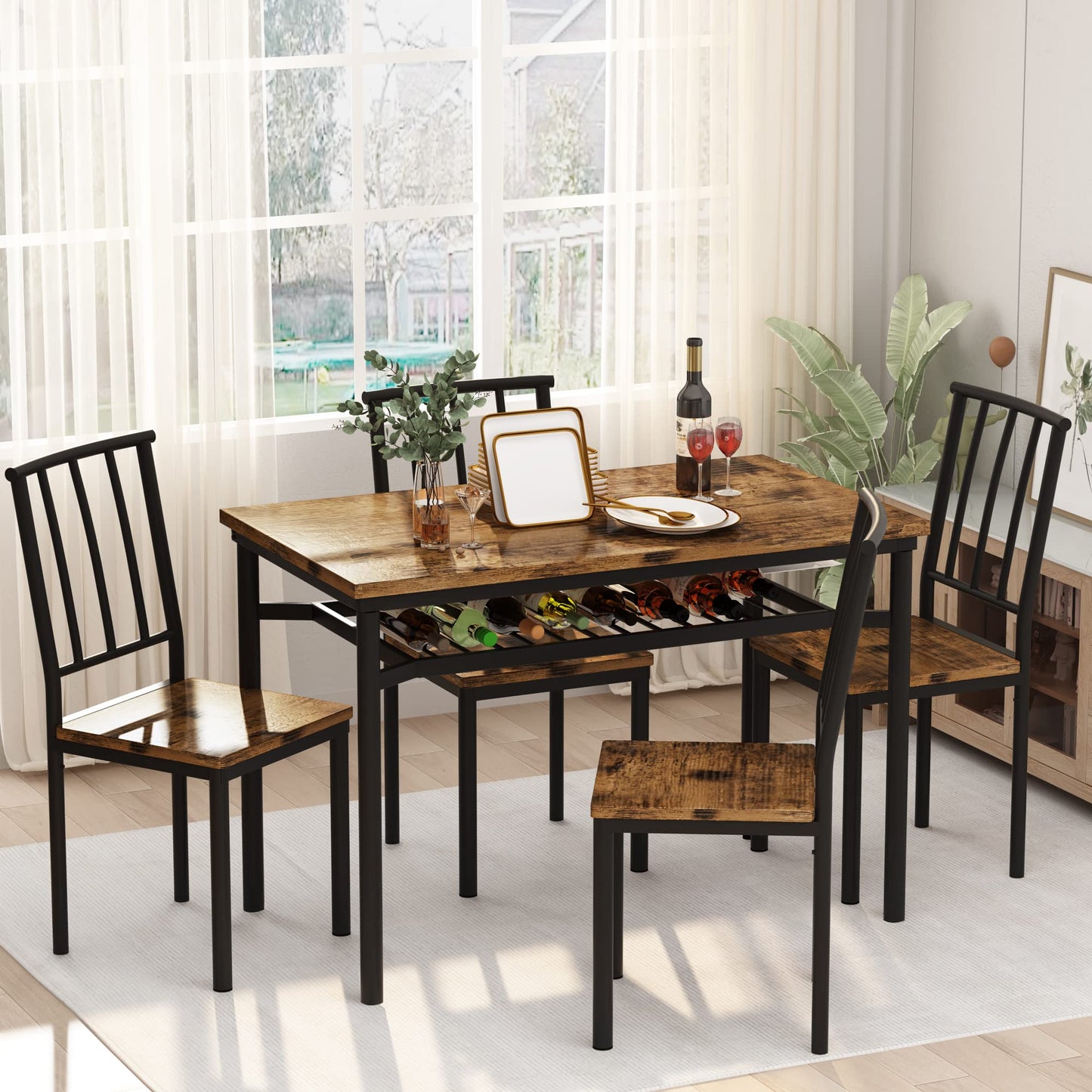 DKLGG 5-Piece Rustic Brown Dining Room Set for 4 – Table with Wine Rack