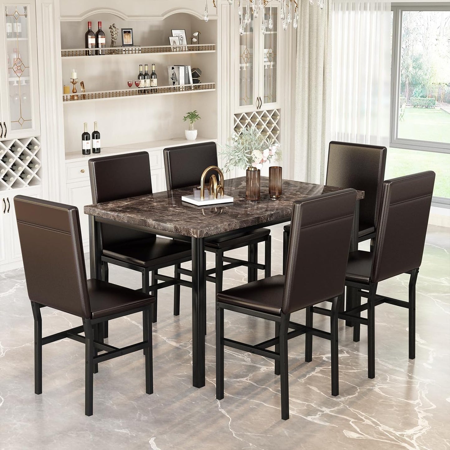 DKLGG Elegant 7-Piece Faux Marble Dining Set - Space-Saving Solution for Living Rooms and Apartments