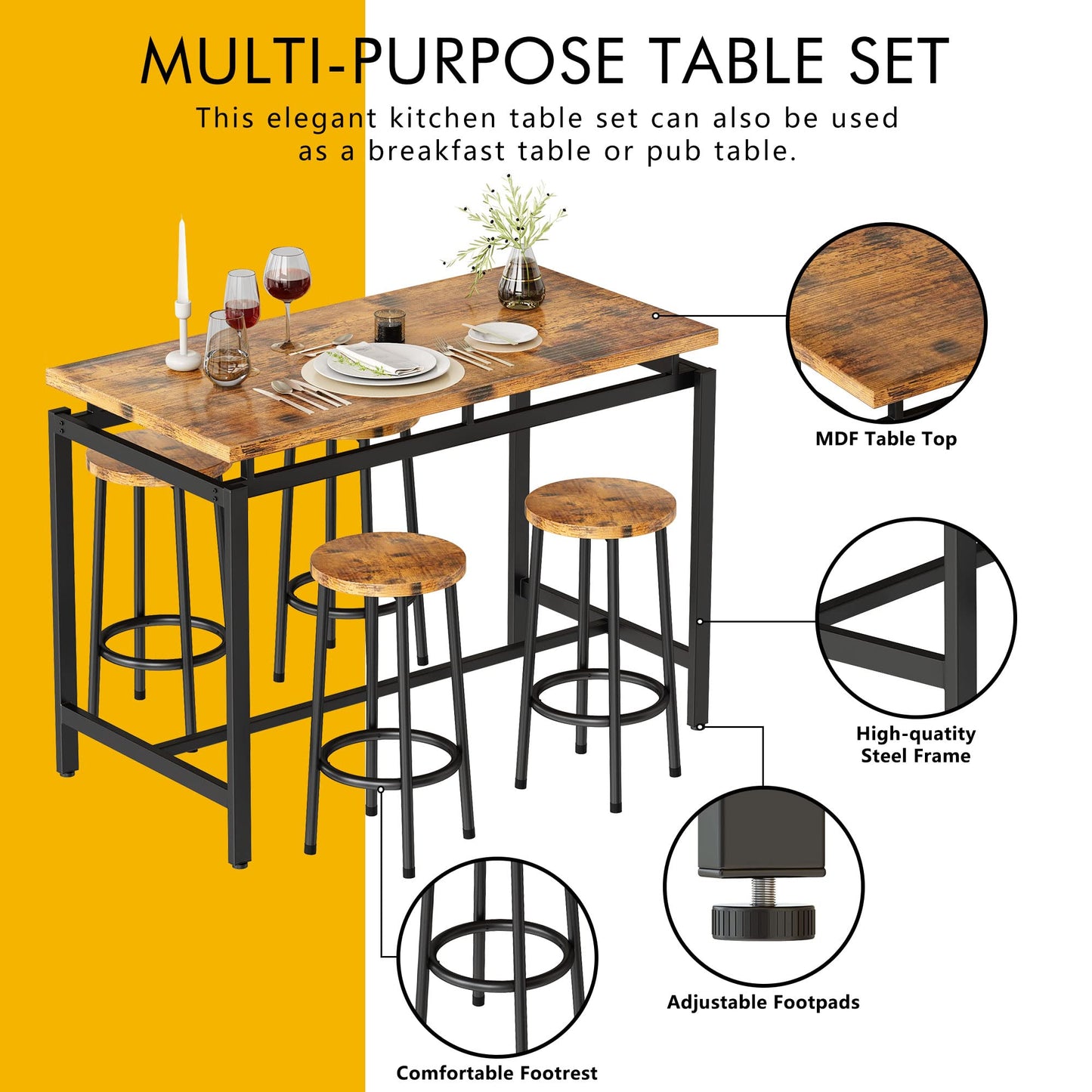 DKLGG Industrial Kitchen Dining Table and Chairs Set of 5 - Perfect for Modern Dining