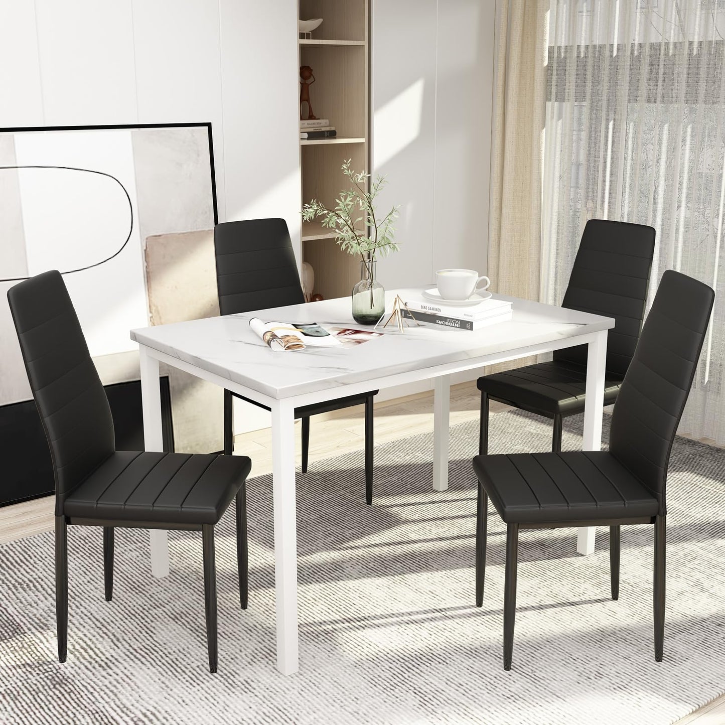 DKLGG Stylish 5-Piece Dining Table with 4 PU Leather Chairs – Faux Marble Finish