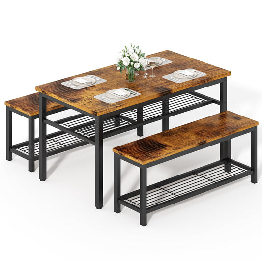 DKLGG Rustic 3-Piece Dining Table Set for 4 - Stylish Storage Solution for Family Meals