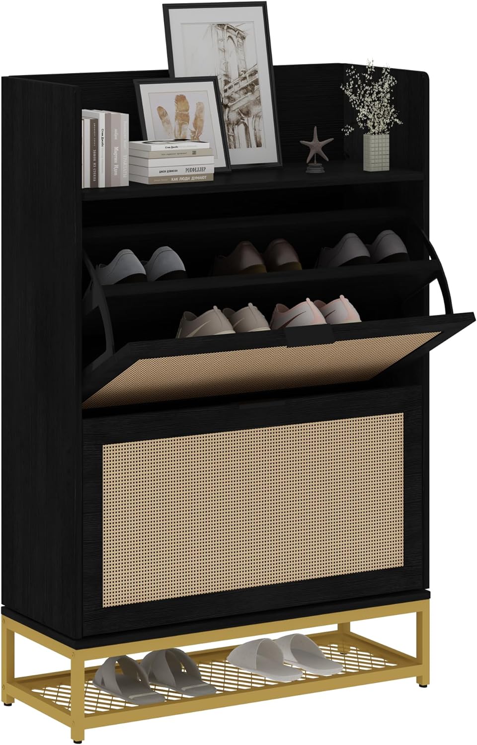 DKLGG Shoe Cabinet with 2 Flip-Flop Drawers - Stylish Natural Rattan Design for Organized Spaces