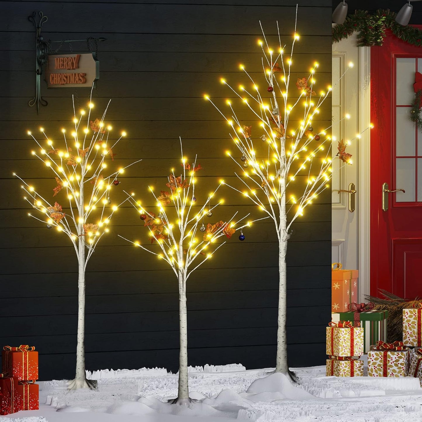 DKLGG Festival Tree Set - 3 White Betula Trees with Lights for a Magical Holiday Atmosphere