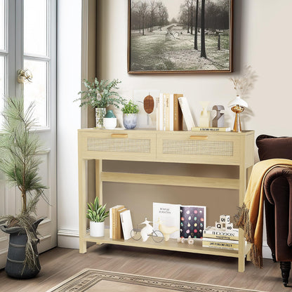 DKLGG Rustic Oak Dresser Table with Rattan Drawers - Perfect for Farmhouse Decor